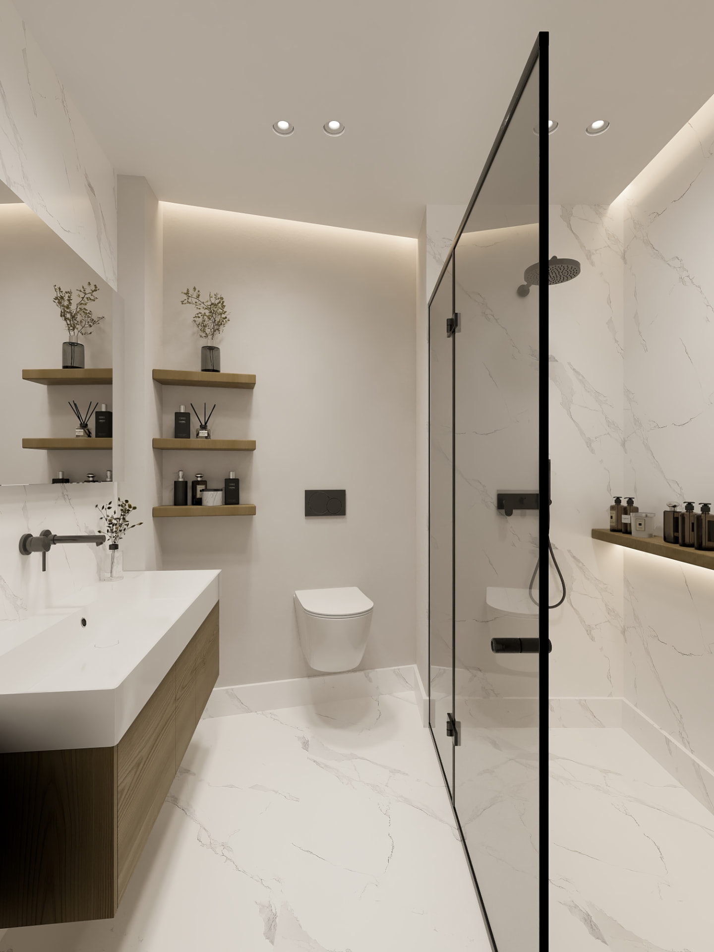 Marble bathroom with walk-in shower in Selene