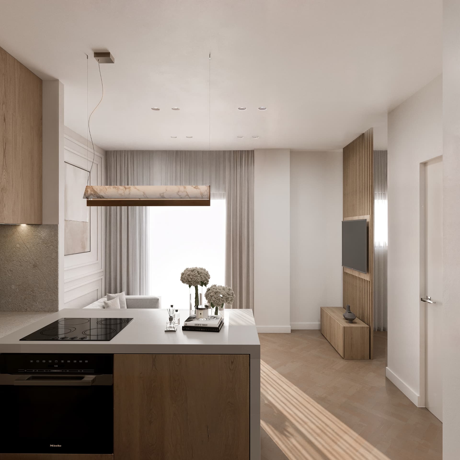 Kitchen island and living area of Aurelia seen towards the window