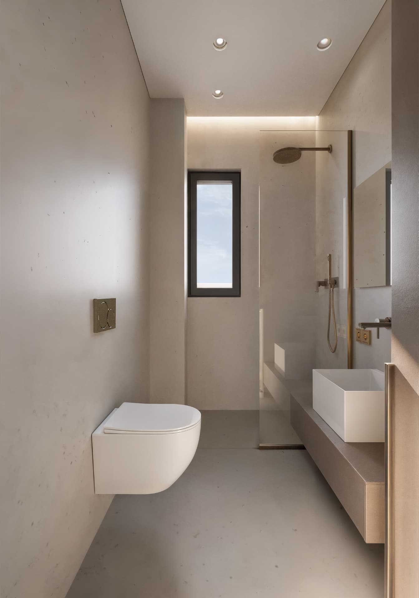 Master en-suite bathroom of Thea in warm micro-cement