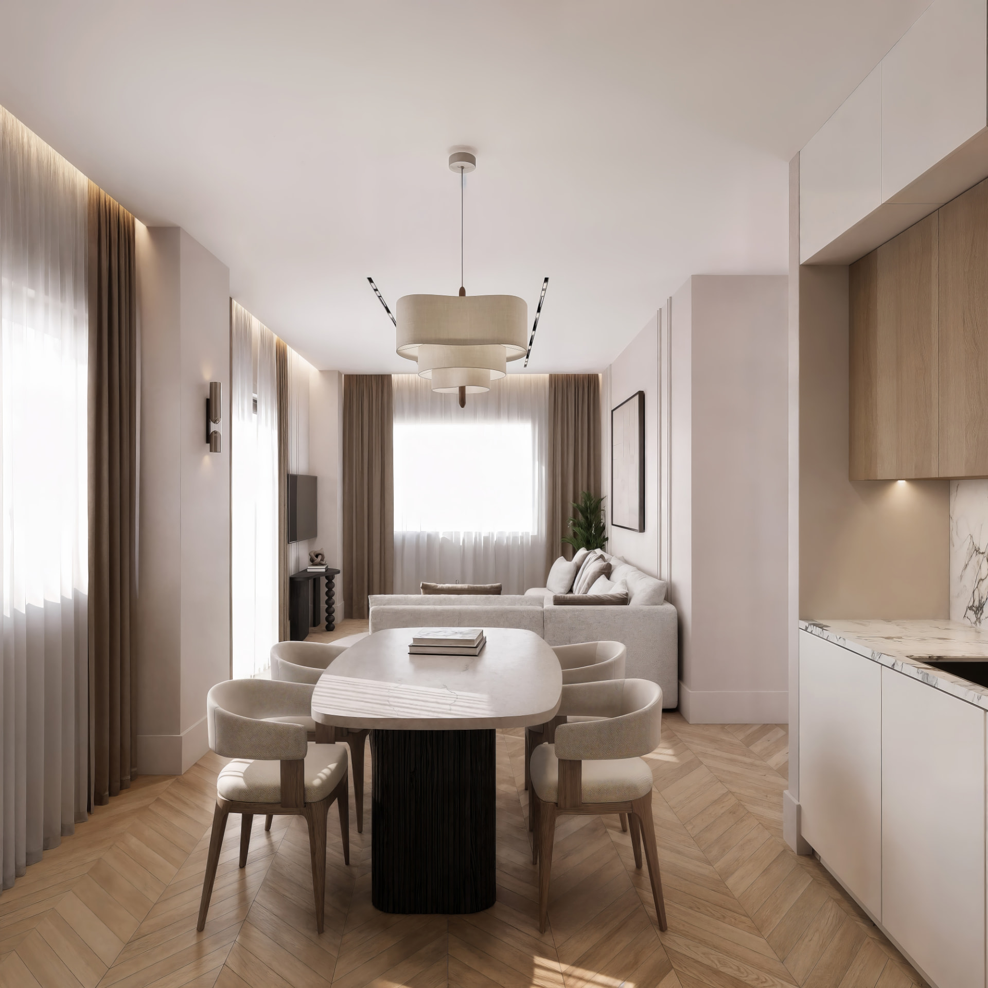 Dining table and living area of Selene in herringbone oak