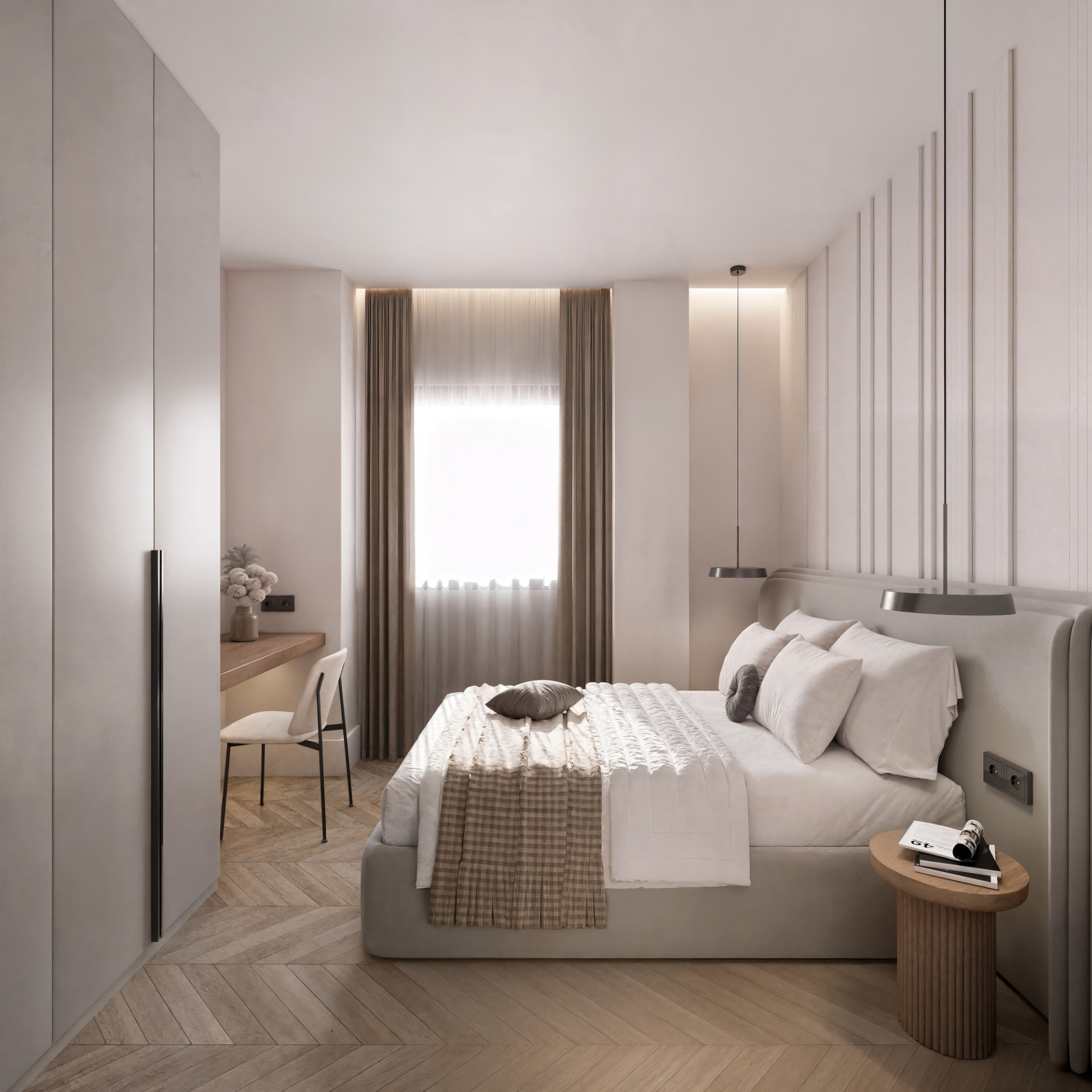 Main bedroom of Selene with fitted wardrobes and desk nook