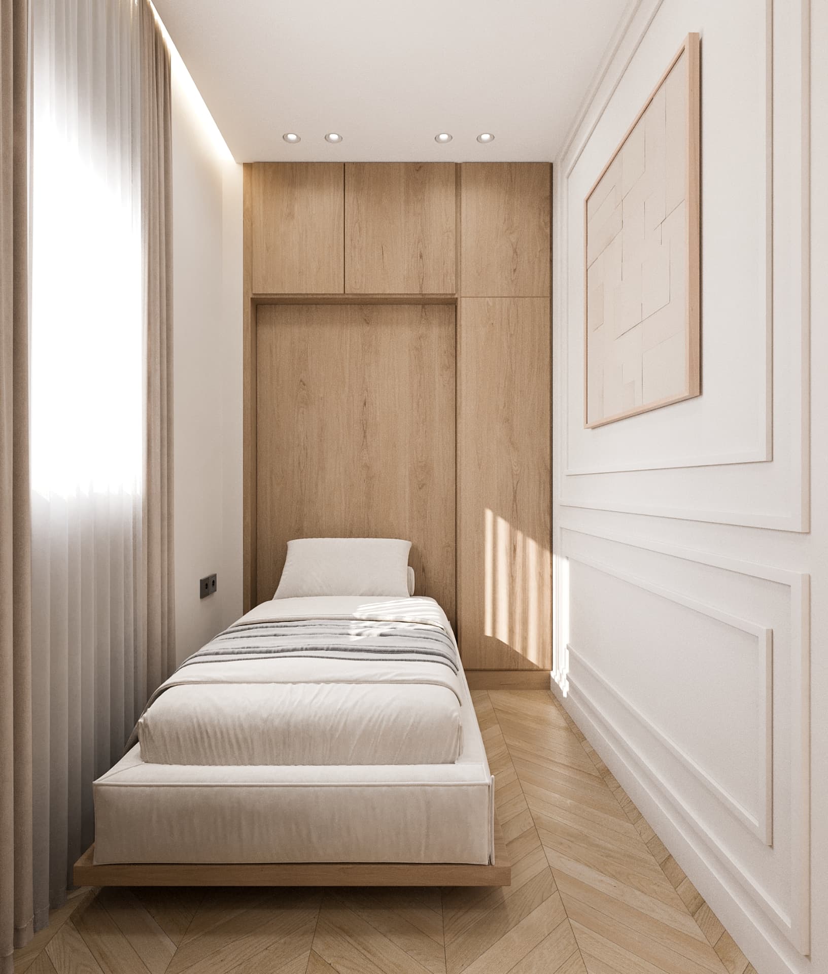 Flexible workspace and guest room in Aurelia arranged as a single bedroom