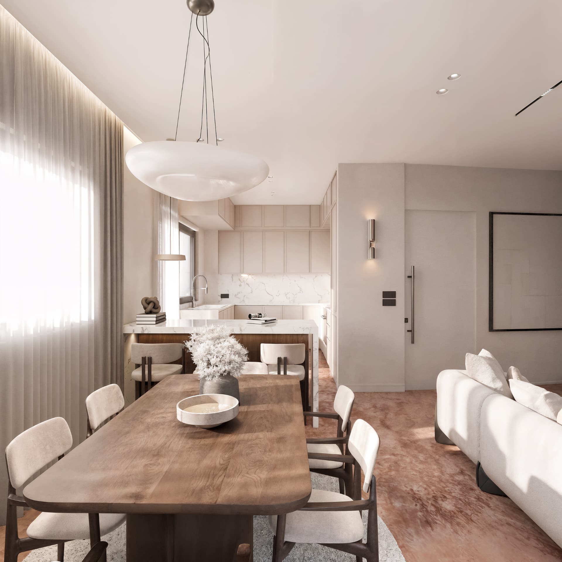 Dining table and open kitchen on the entry level of Thea