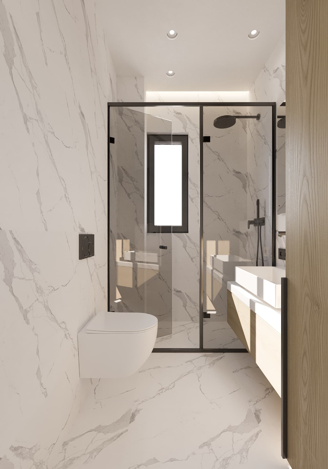 Second marble bathroom of Thea with walk-in shower