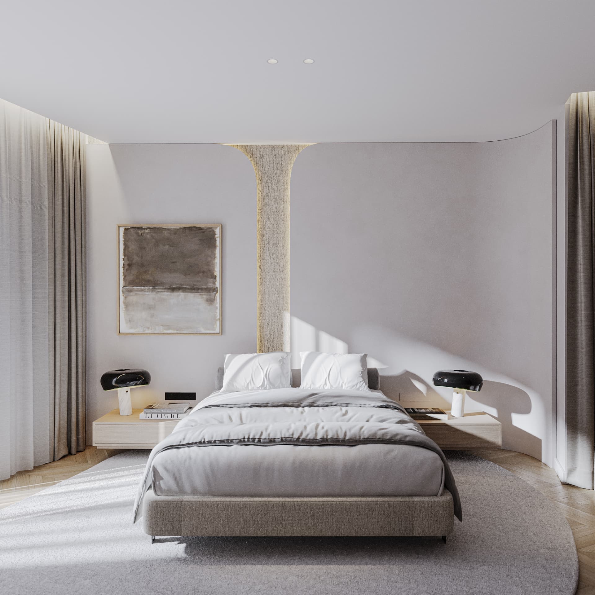 Master bedroom of Thea with curved wall detail