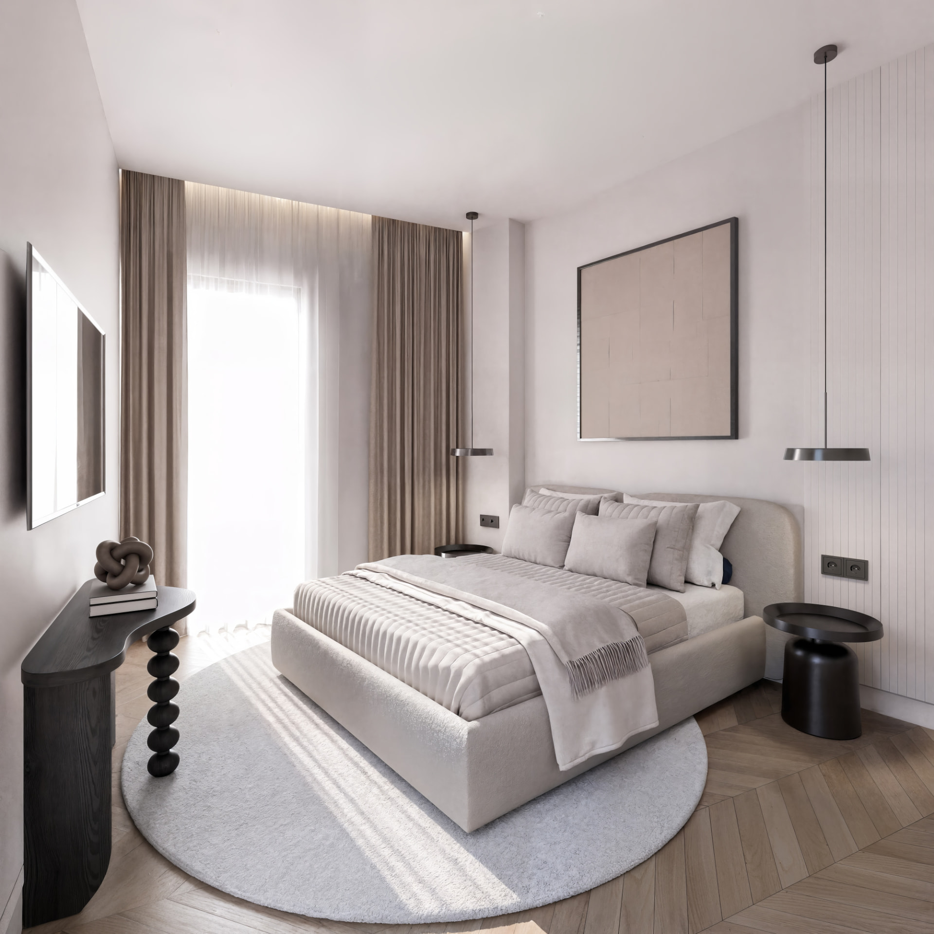 Second bedroom of Selene with balcony window and round rug