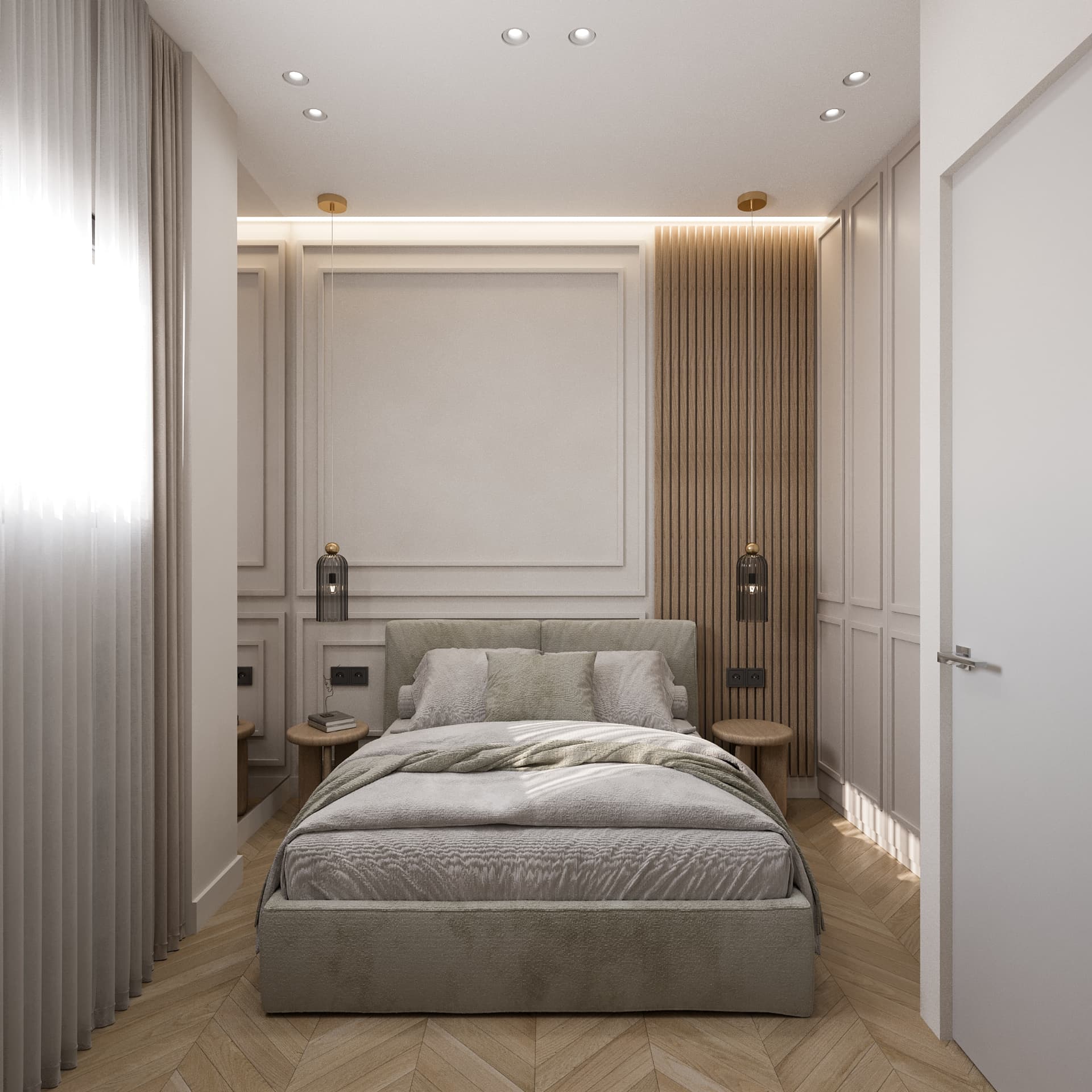 Main bedroom of Aurelia with panelled walls and oak slat detail