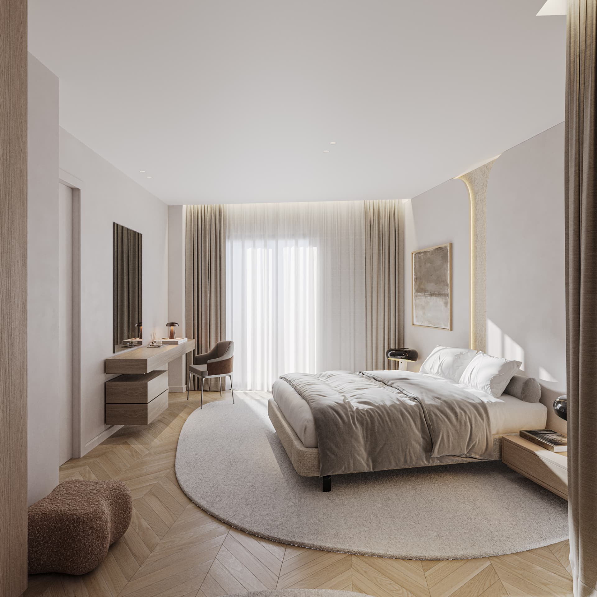 Master bedroom of Thea with dressing table and herringbone oak floor